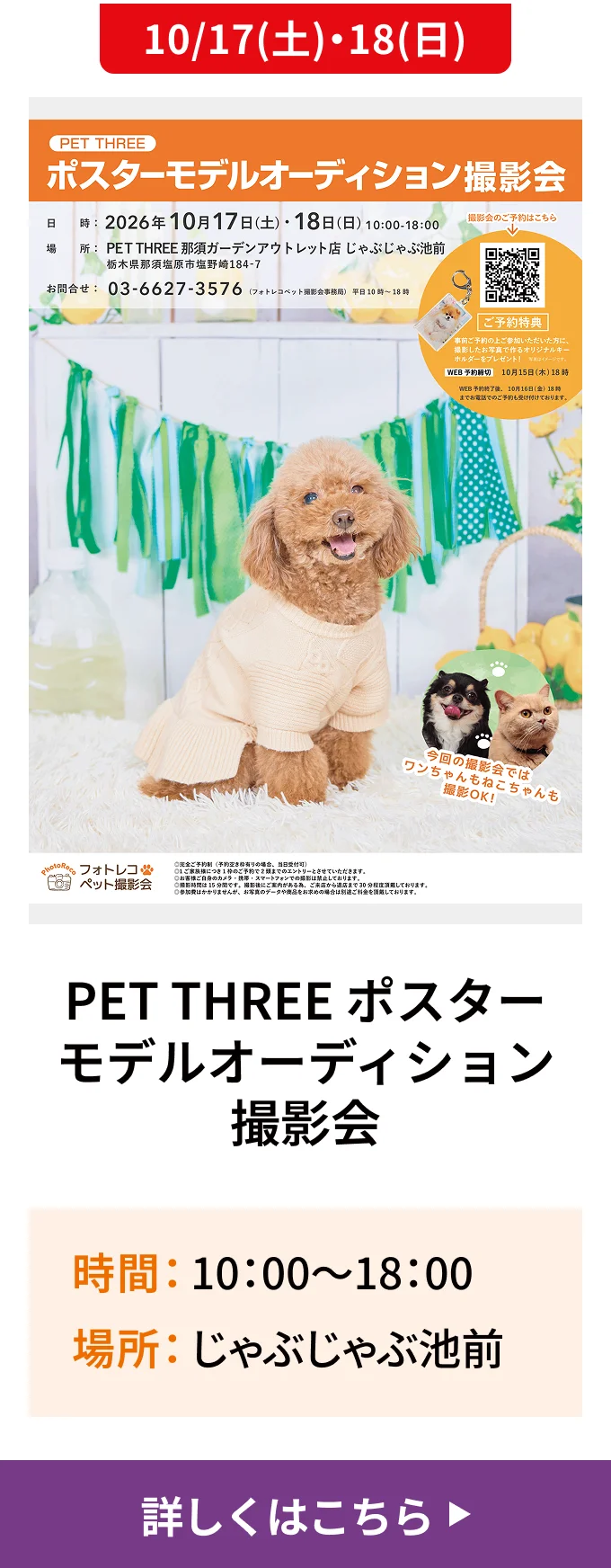 10/17(土)・18(日)｜PET THREE ポスターモデルオーディション撮影会｜時間 10:00〜18:00/場所 じゃぶじゃぶ池前
