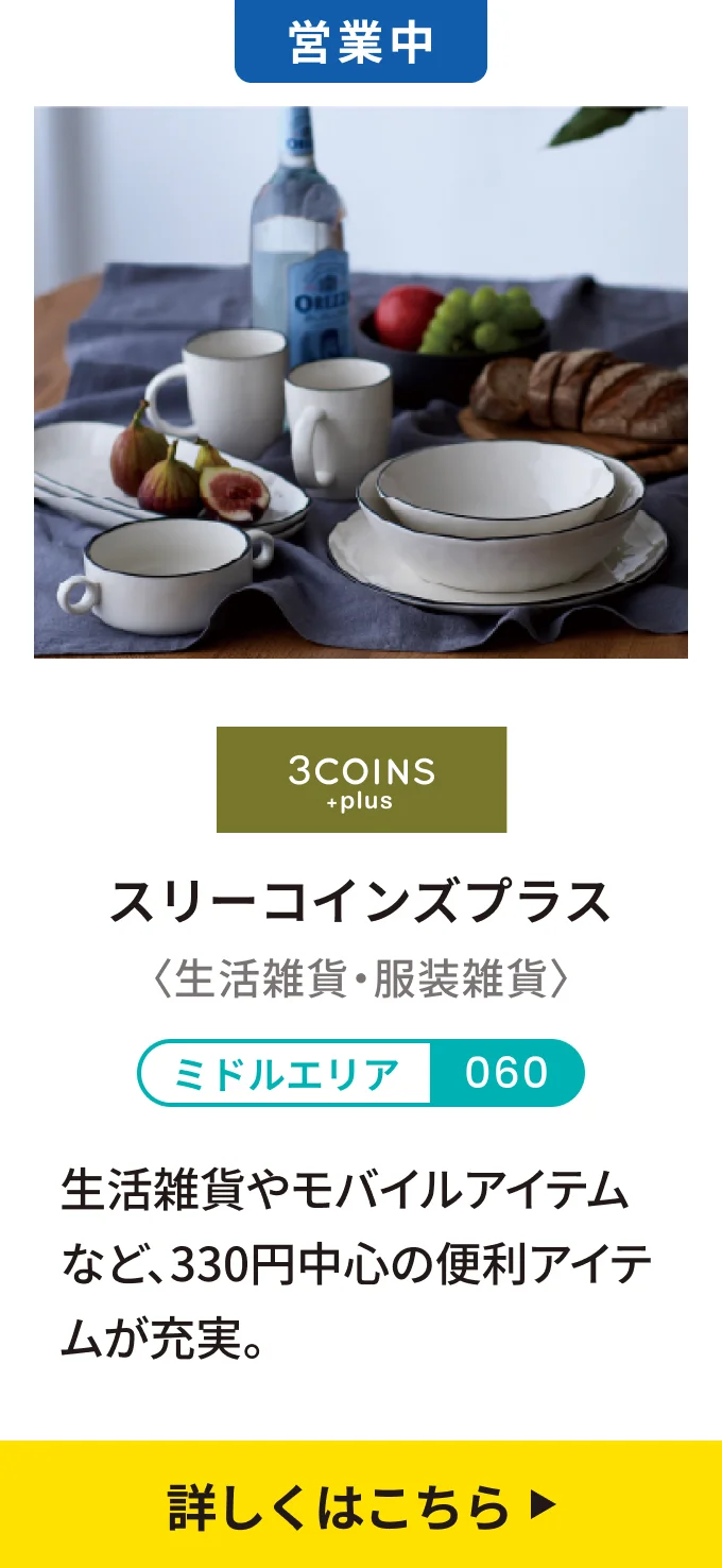 【営業中】スリーコインズプラス〈生活雑貨・服装雑貨〉[ミドルエリア 060] 生活雑貨やモバイルアイテムなど、330円中心の便利アイテムが充実。